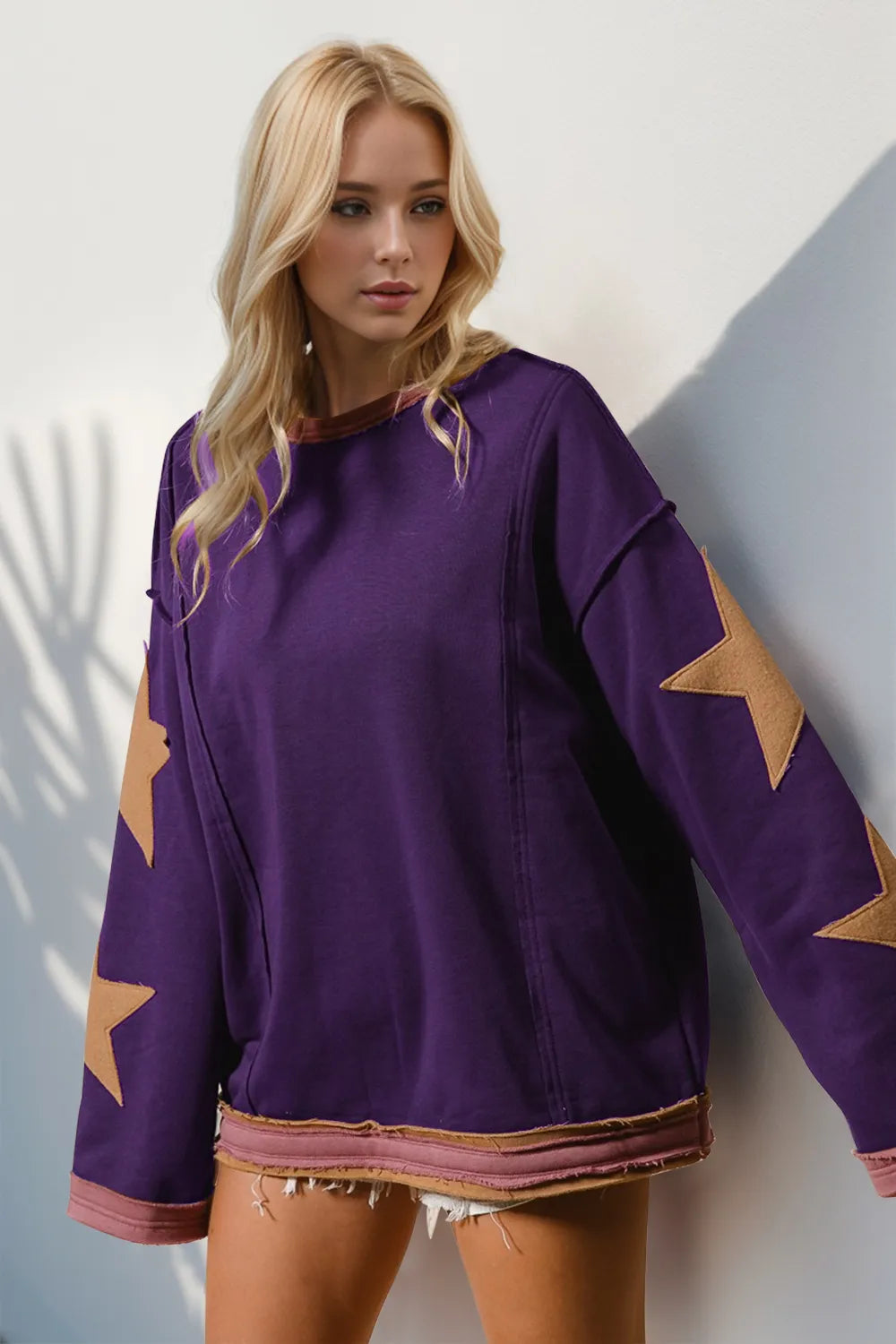 Double Take Star Patched Long Sleeve Sweatshirt Moss / S 