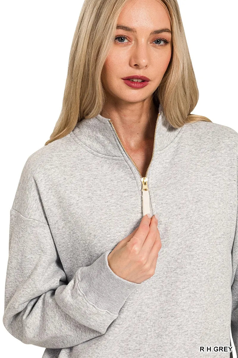Zenana Fleece Half Zip Sweatshirt R H GREY / S 