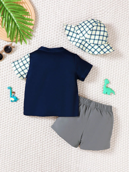 Children's Hat Dinosaur Plaid Button Up Top and Shorts 3-Piece Set Dark Navy / 6-9M 