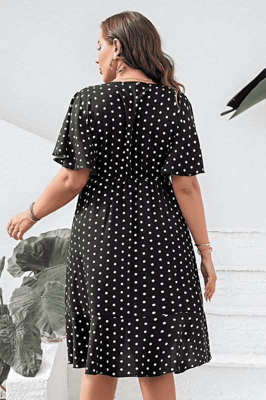 Plus Size Polka Dot Flutter Sleeve Dress Black / 1XL 