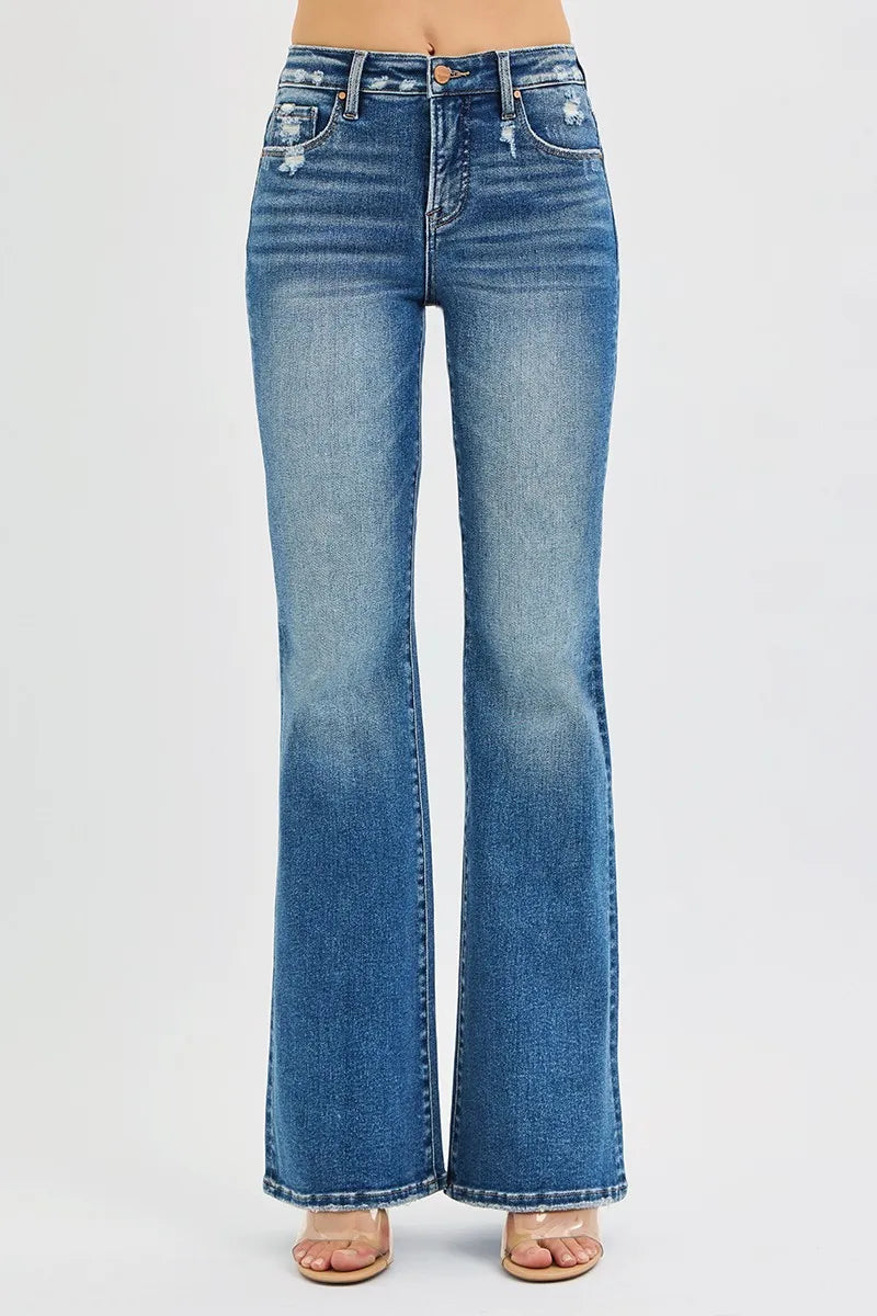 RISEN Full Size Tummy Control High Rise Flare Jeans Plus Size DARK / 0 
