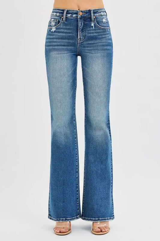 RISEN Full Size Tummy Control High Rise Flare Jeans Plus Size DARK / 0 