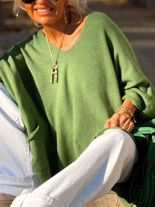 Ribbed Hem V-Neck Sweater Green / S/M 