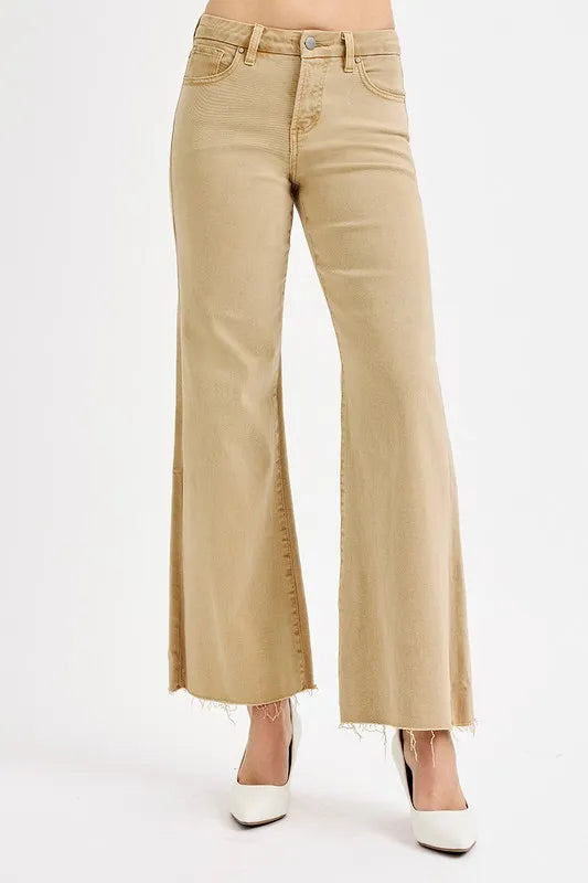 RISEN Full Size Raw Hem Wide Leg Jeans Plus Size Tan / 0(24) 