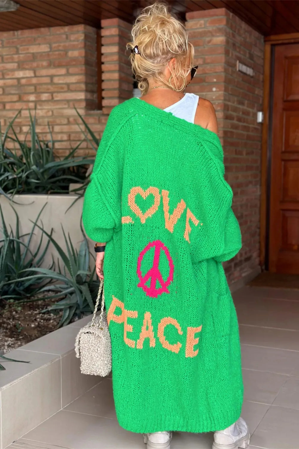 Letter Dropped Shoulder Long Sleeve Cardigan Deep Rose / S/M 