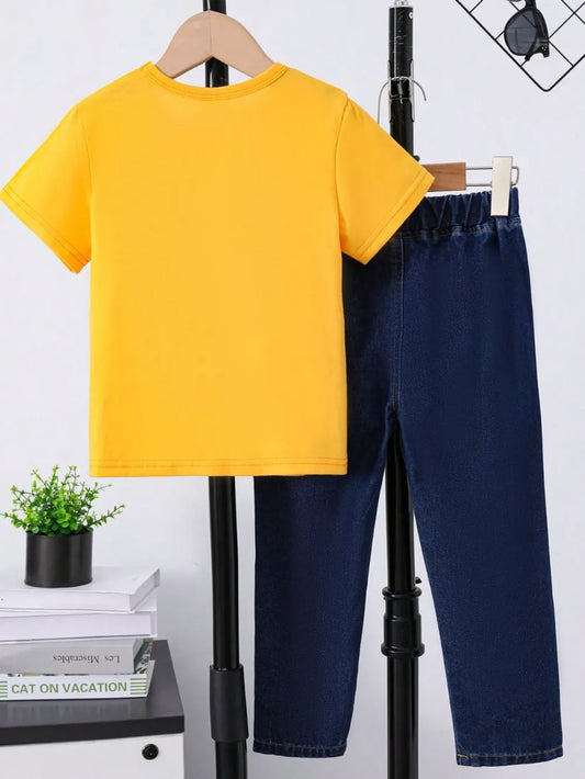 Children's Round Neck Letter Graphic T-Shirt and Distressed Jeans Set Gold / 4Y 