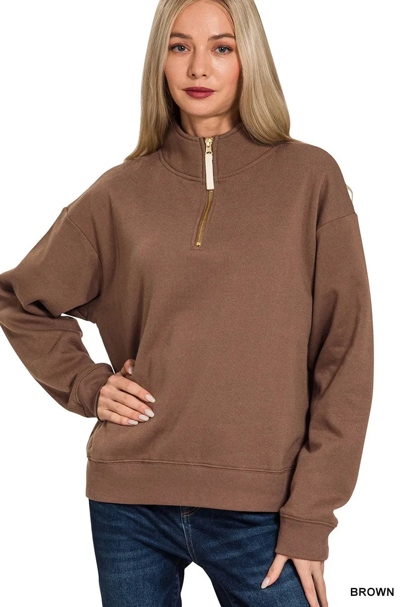 Zenana Fleece Half Zip Sweatshirt BROWN / S 
