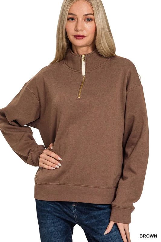 Zenana Fleece Half Zip Sweatshirt BROWN / S 