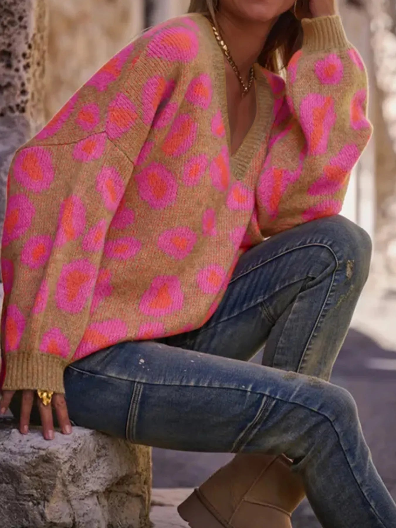 Leopard Oversized V-Neck Sweater Strawberry / S 