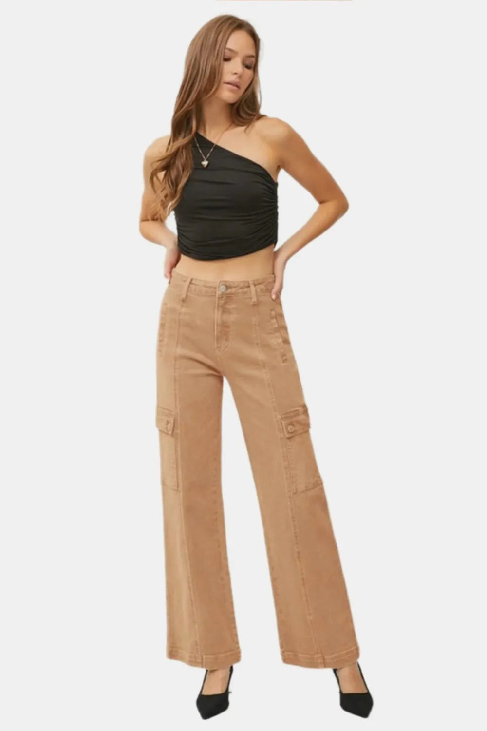 RISEN Full Size High Rise Wide Leg Cargo Jeans Cocoa / 0(24) 