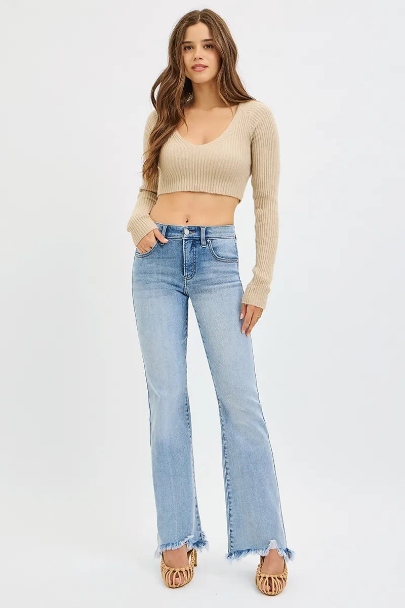 RISEN Full Size Tummy Control Mid Rise Flare Jeans with Fray Hem Detailed Plus Size MEDIUM / 0 