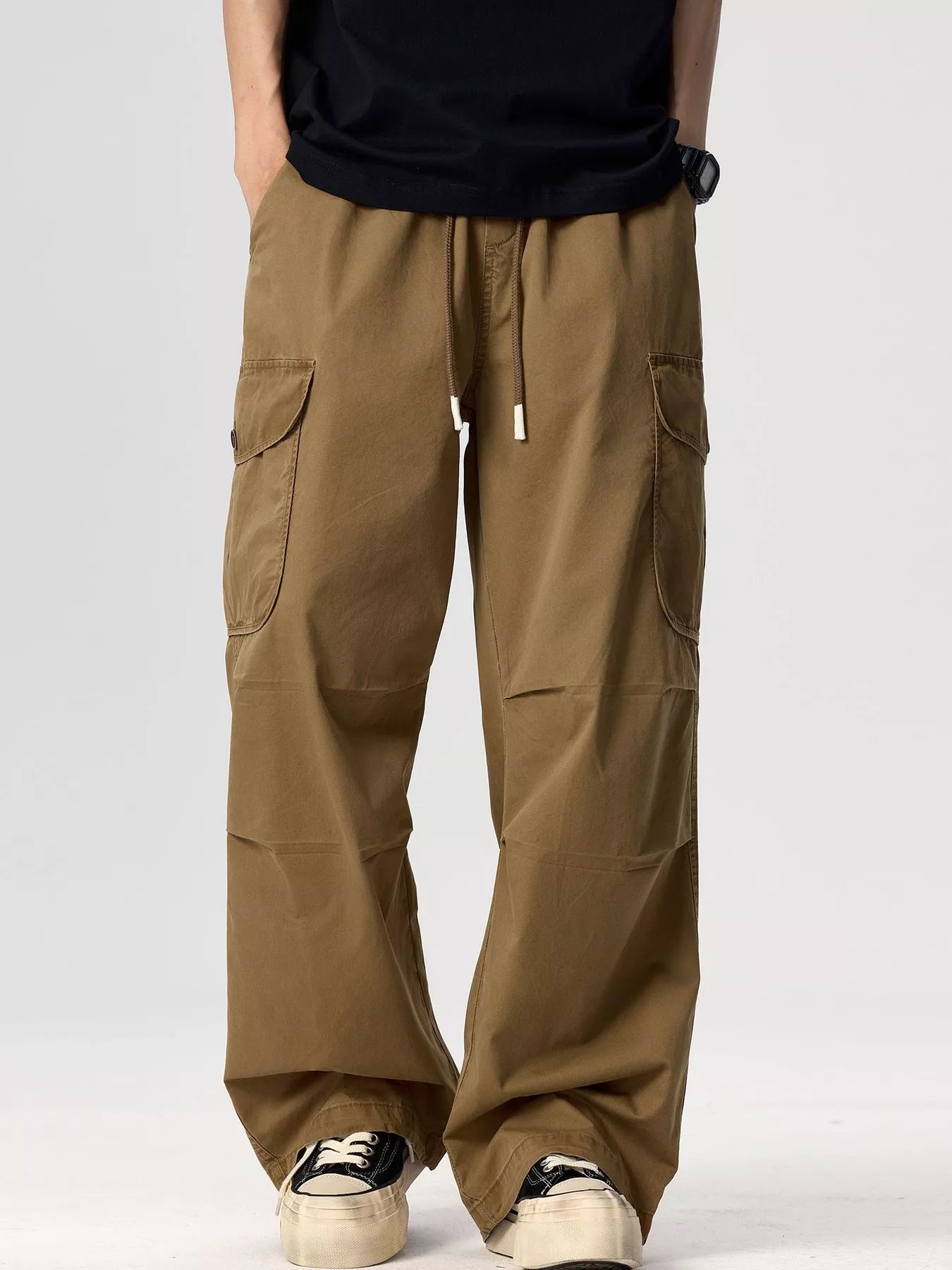 Men's Plus Size Drawstring Wide Leg Cargo Pants Deep Khaki / M 