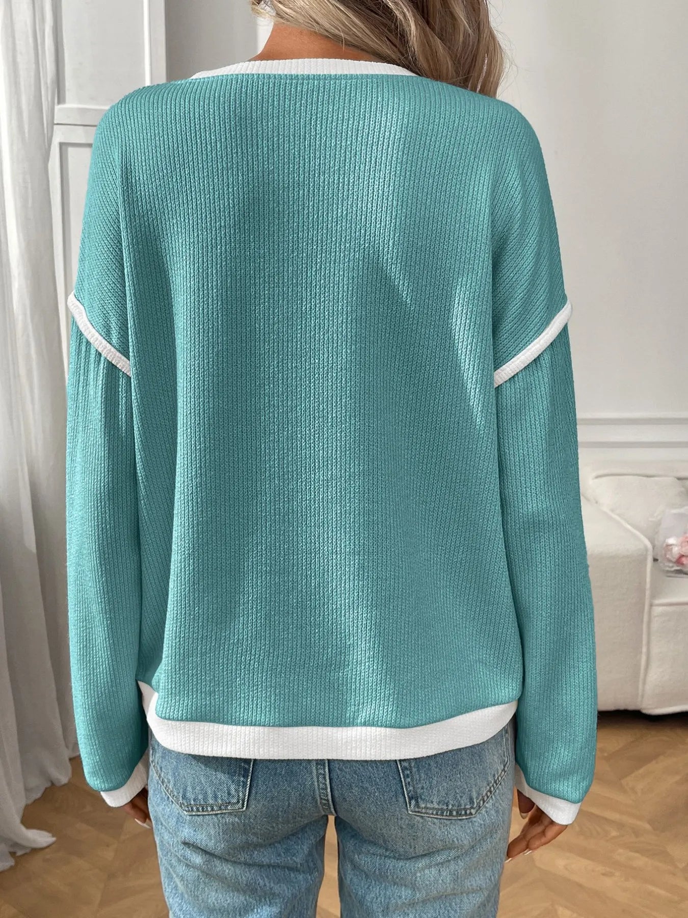 Ribbed Contrast Trim Long Sleeve Top Blush Pink / S 