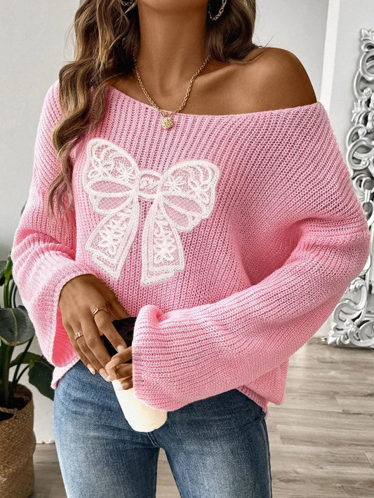 Bow Boat Neck Long Sleeve Sweater Blush Pink / S 