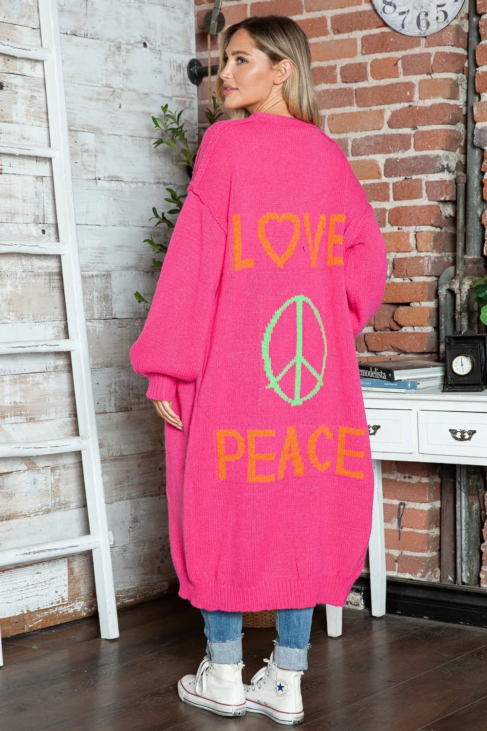 Letter Dropped Shoulder Long Sleeve Cardigan Deep Rose / S/M 