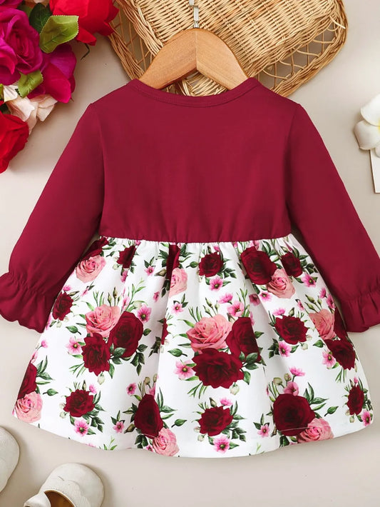 Frill Floral Round Neck Flounce Sleeve Dress Deep Red / 6-9M 