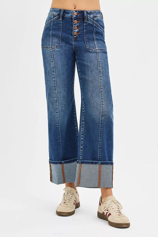 RISEN Full Size High Rise Crop Wide Straight Cuffed Jeans Plus Size DARK / 0 