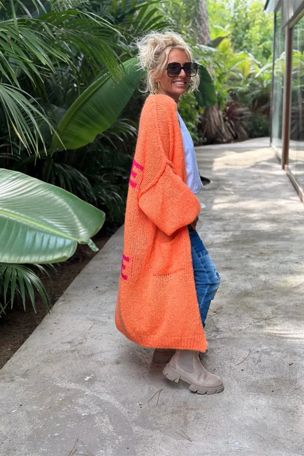 Letter Dropped Shoulder Long Sleeve Cardigan Deep Rose / S/M 