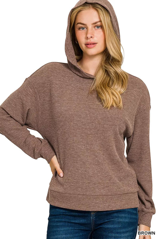 Zenana Ribbed Long Sleeve Hoodie BROWN / S 