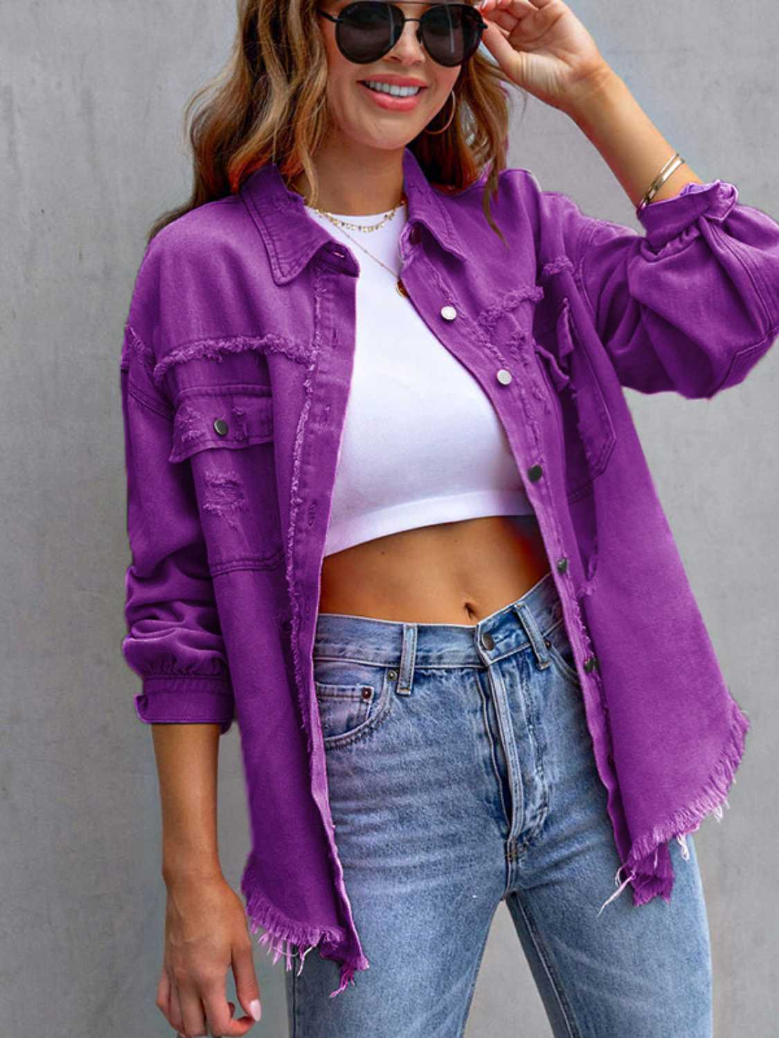 Distressed Drop Shoulder Denim Jacket Fuchsia Pink / S 