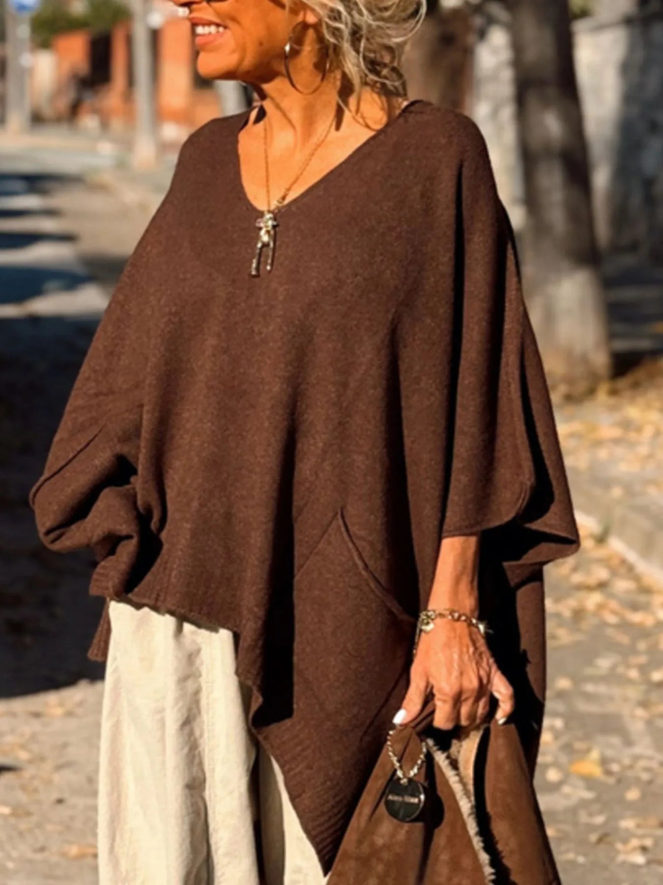 Ribbed Hem V-Neck Sweater Green / S/M 