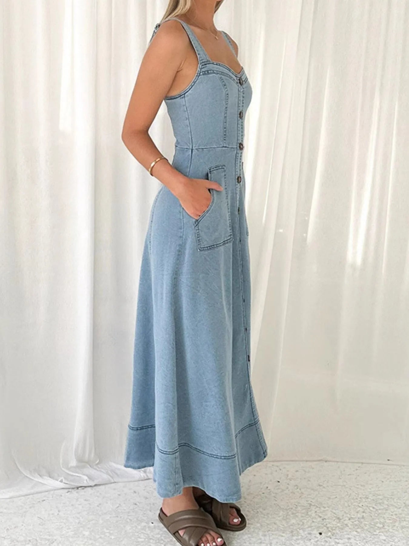 Wide Strap Sweetheart Neck Denim Dress Light Blue / S 