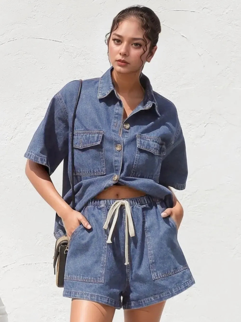 Collared Neck Button Up Top and Shorts Denim Set Medium / S 