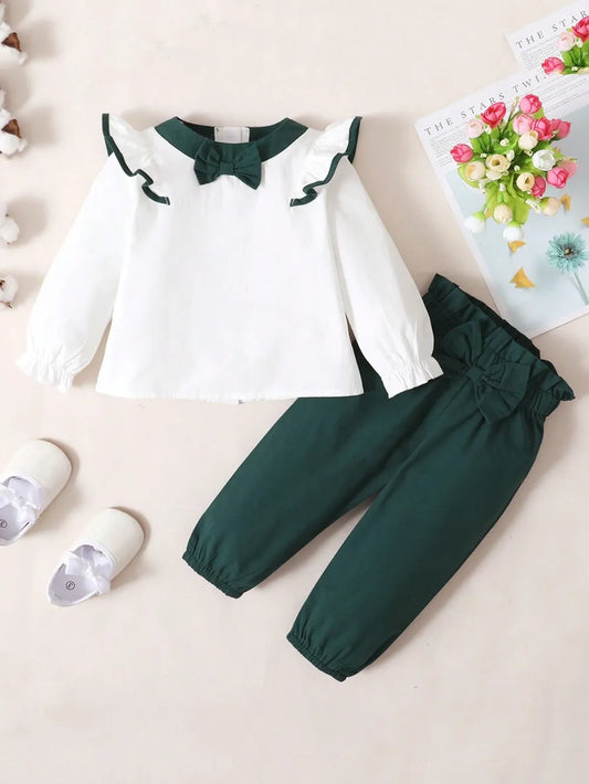 Children's Contrast Ruffled Top and Pants Set White/Green / 12-18M 