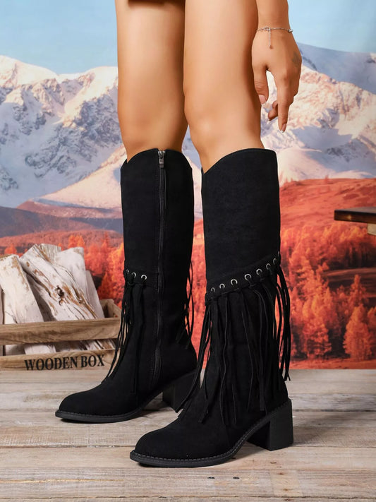 Fringe Point Toe Block Heels Boots Brown / 36 