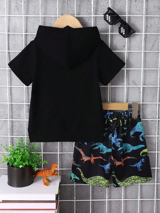 Children's Dinosaur Short Sleeve Hooded Top and Pants Set Black / 3-4 