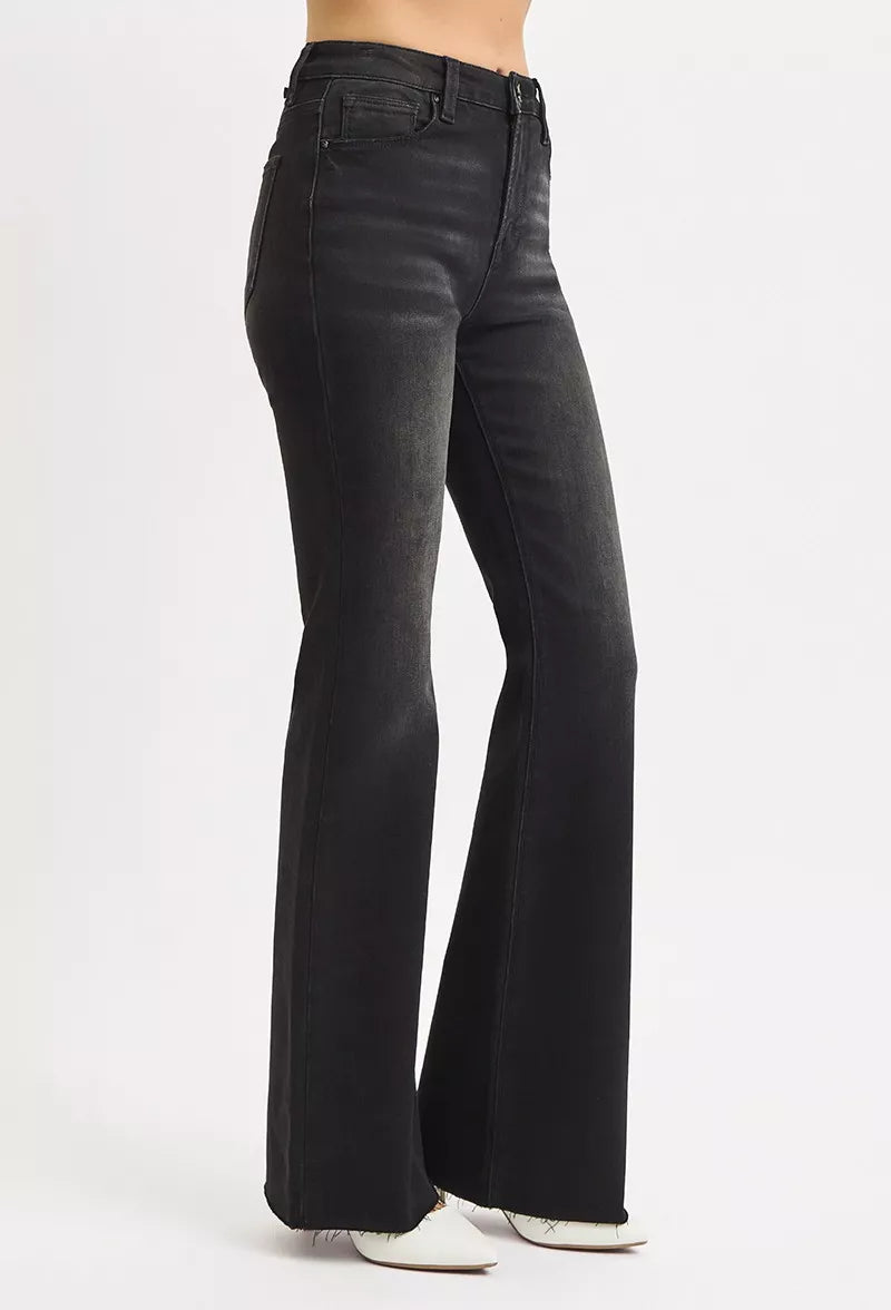 RISEN Full Size High Rise Flare Raw Cut Hem Jeans Plus Size BLACK / 0 