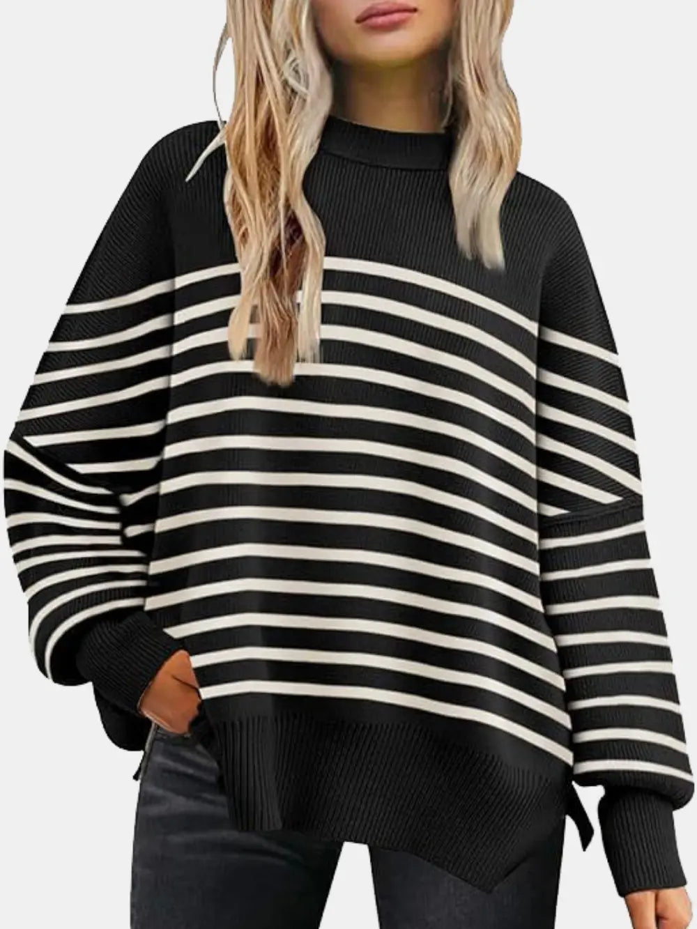 Round Neck Drop Shoulder Slit Sweater Sage / S 