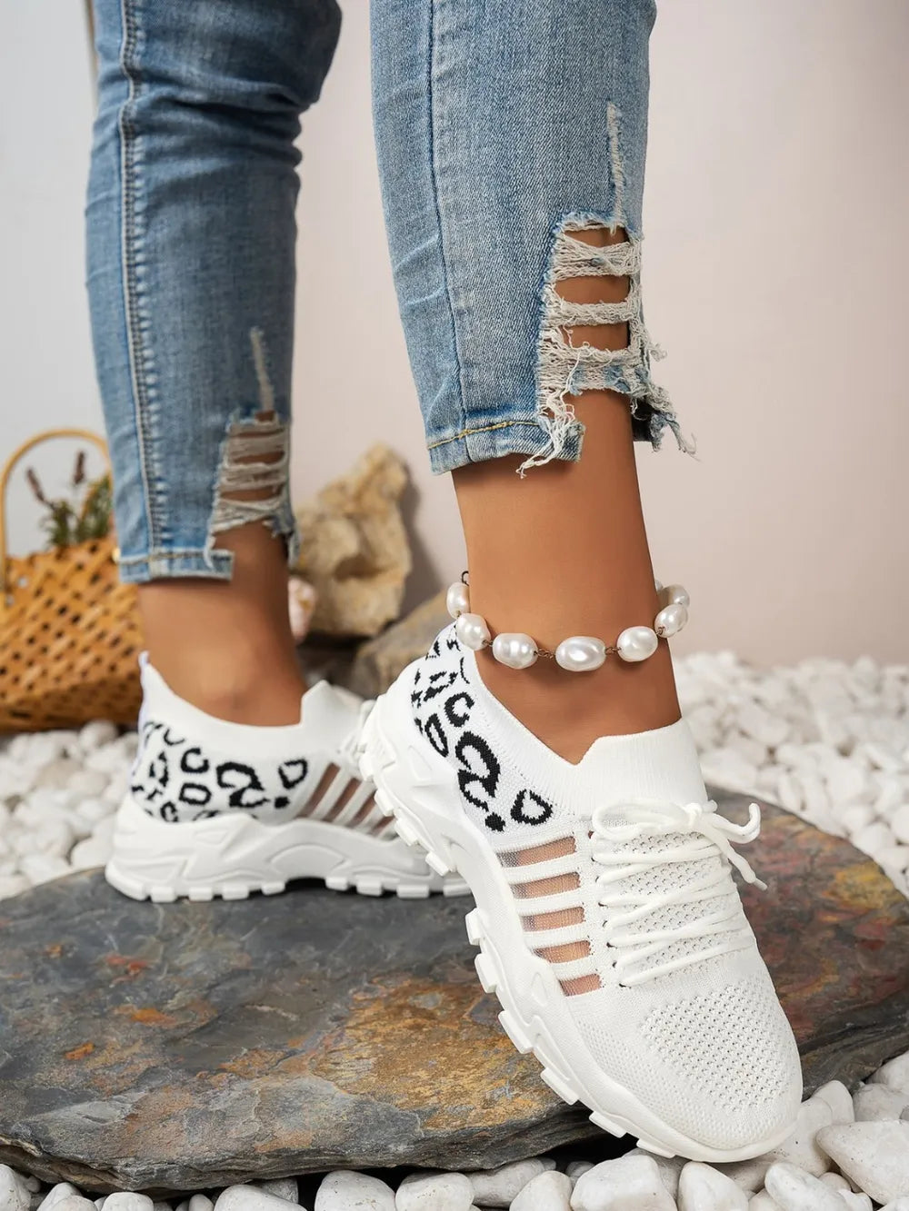 Cutout Leopard Lace Up Mesh Athletic Black / 36(US5) 