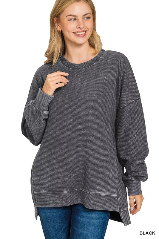 Zenana Full Size Acid Washed Double Ribbed Hi-low Sweatshirt Plus Size BLACK / S 