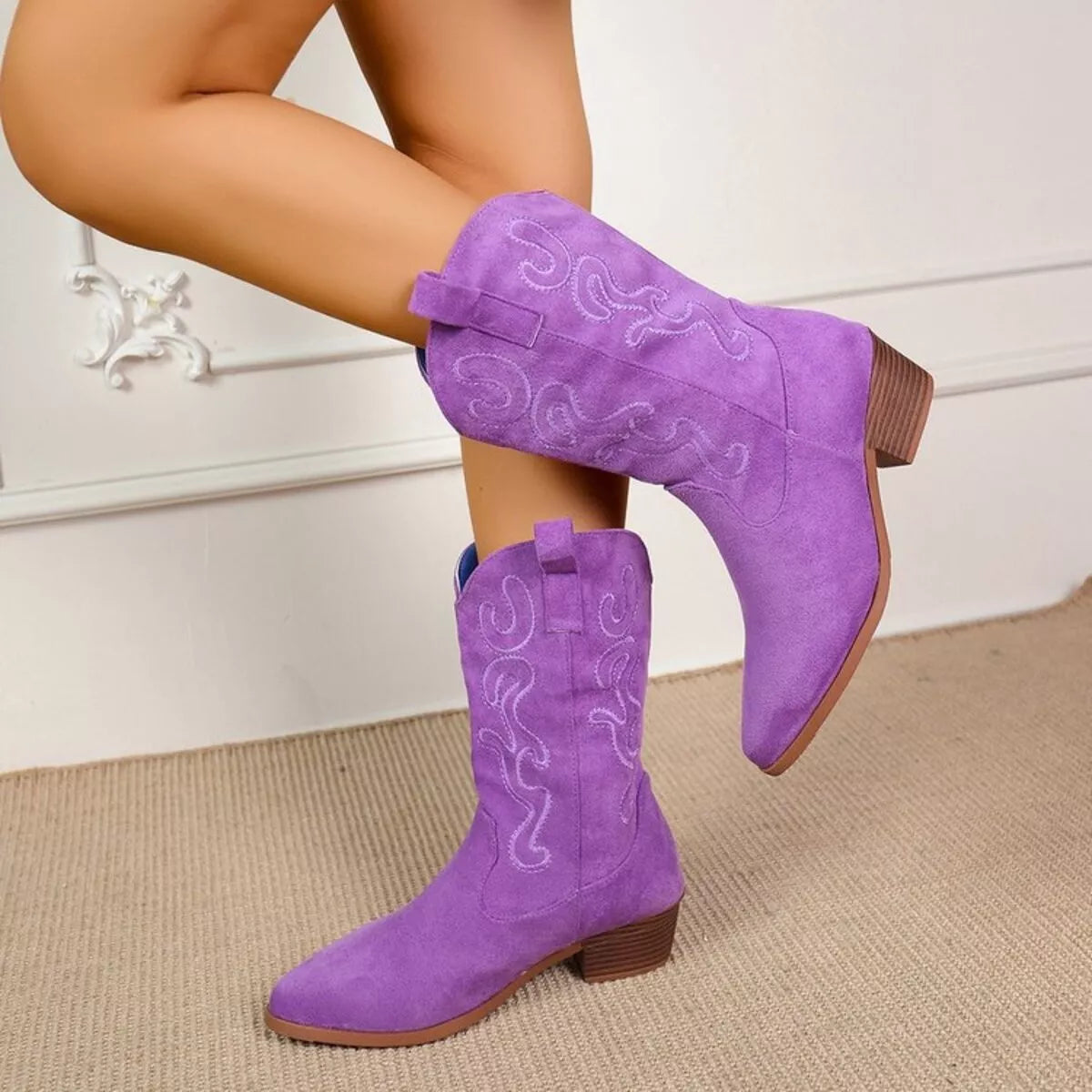 Point Toe Block Heels Boots Purple / 36 