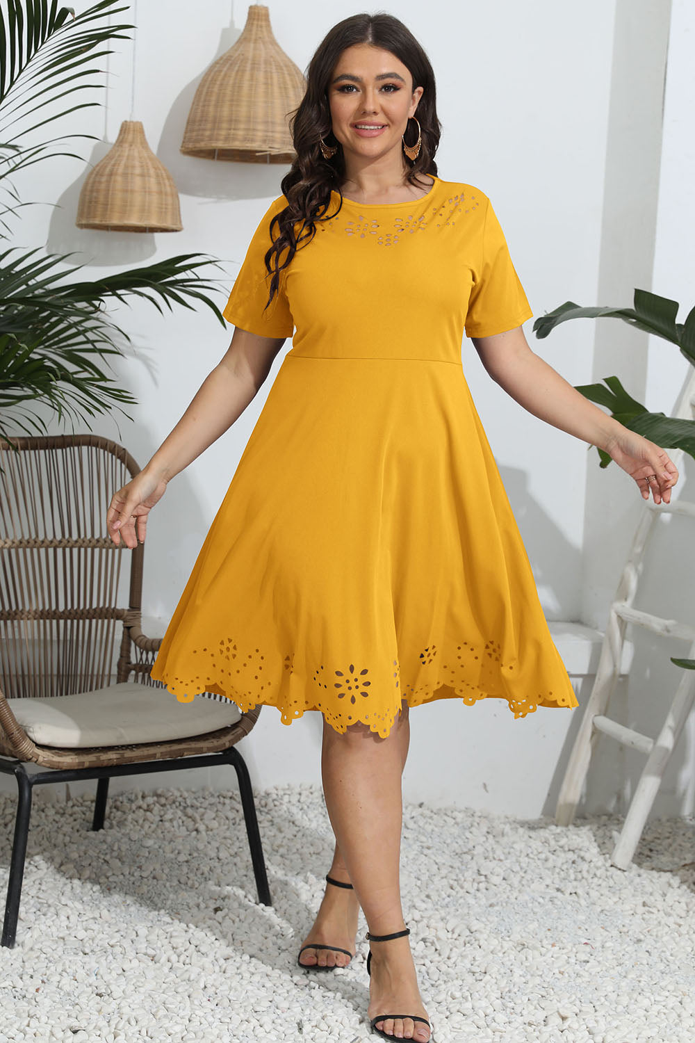 Plus Size Round Neck Openwork Dress Deep Red / L 