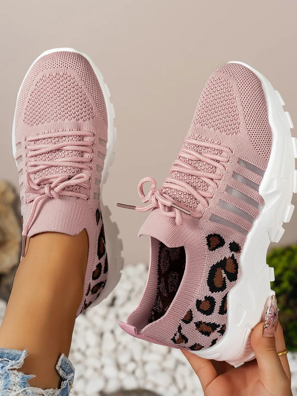 Cutout Leopard Lace Up Mesh Athletic Black / 36(US5) 
