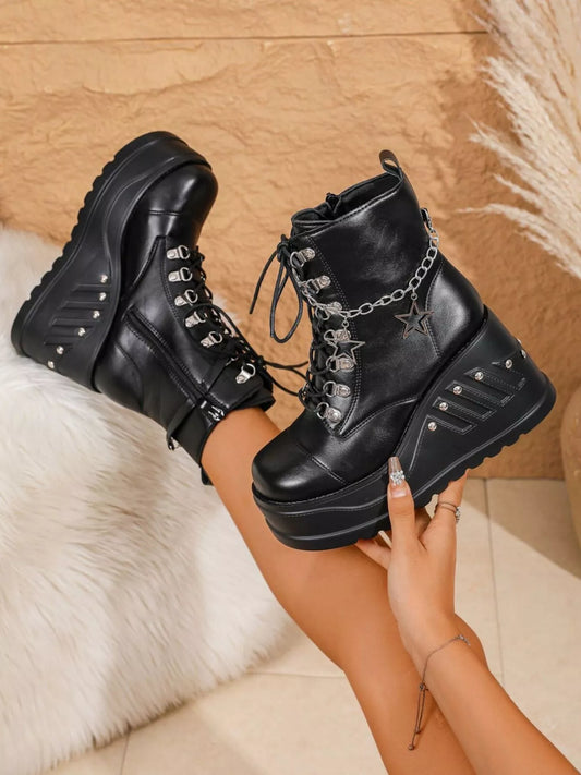 Round Toe Platform Wedge Boots Black / 35 