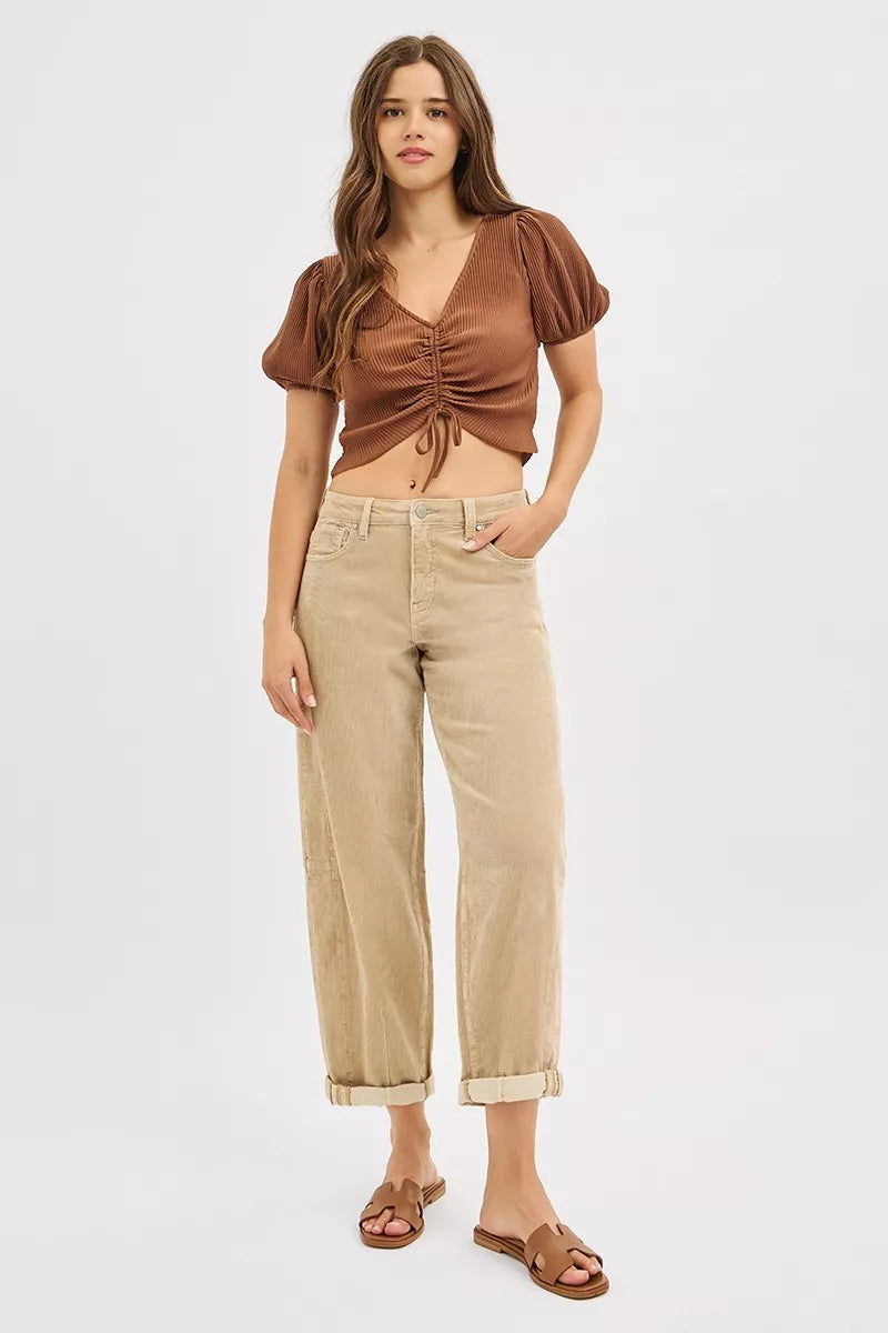 RISEN High Rise Crop Barrel Cordurory Pants TAN / 0 