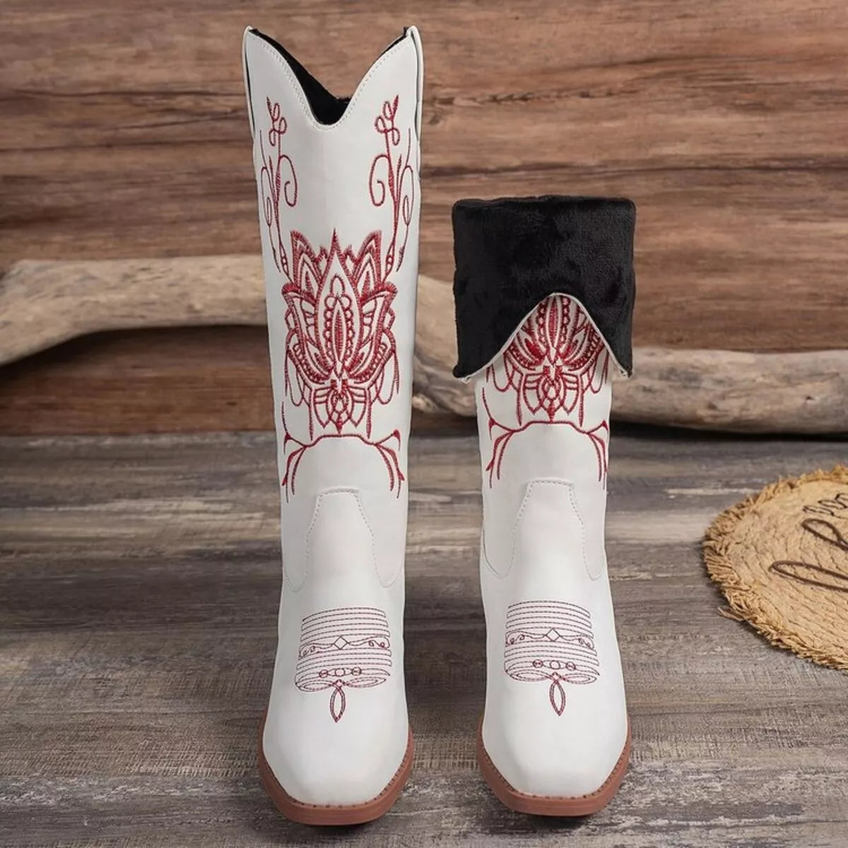 Embroidered Block Heels Boots White / 36 