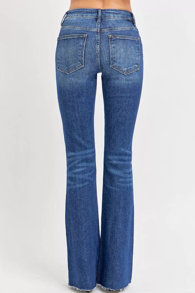 RISEN Full Size Distressed Mid Rise Flare Jeans Plus Size DARK / 0 