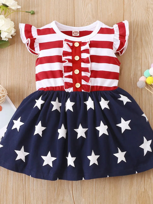 Striped & Stars Ruffled Round Neck Cap Sleeve Dress Red/Blue/White / 9-12M 