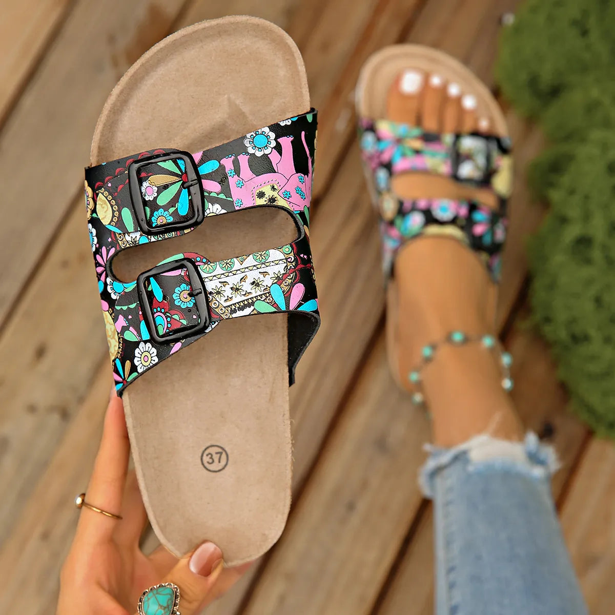 Printed Double Buckle Sandals Black / 36 