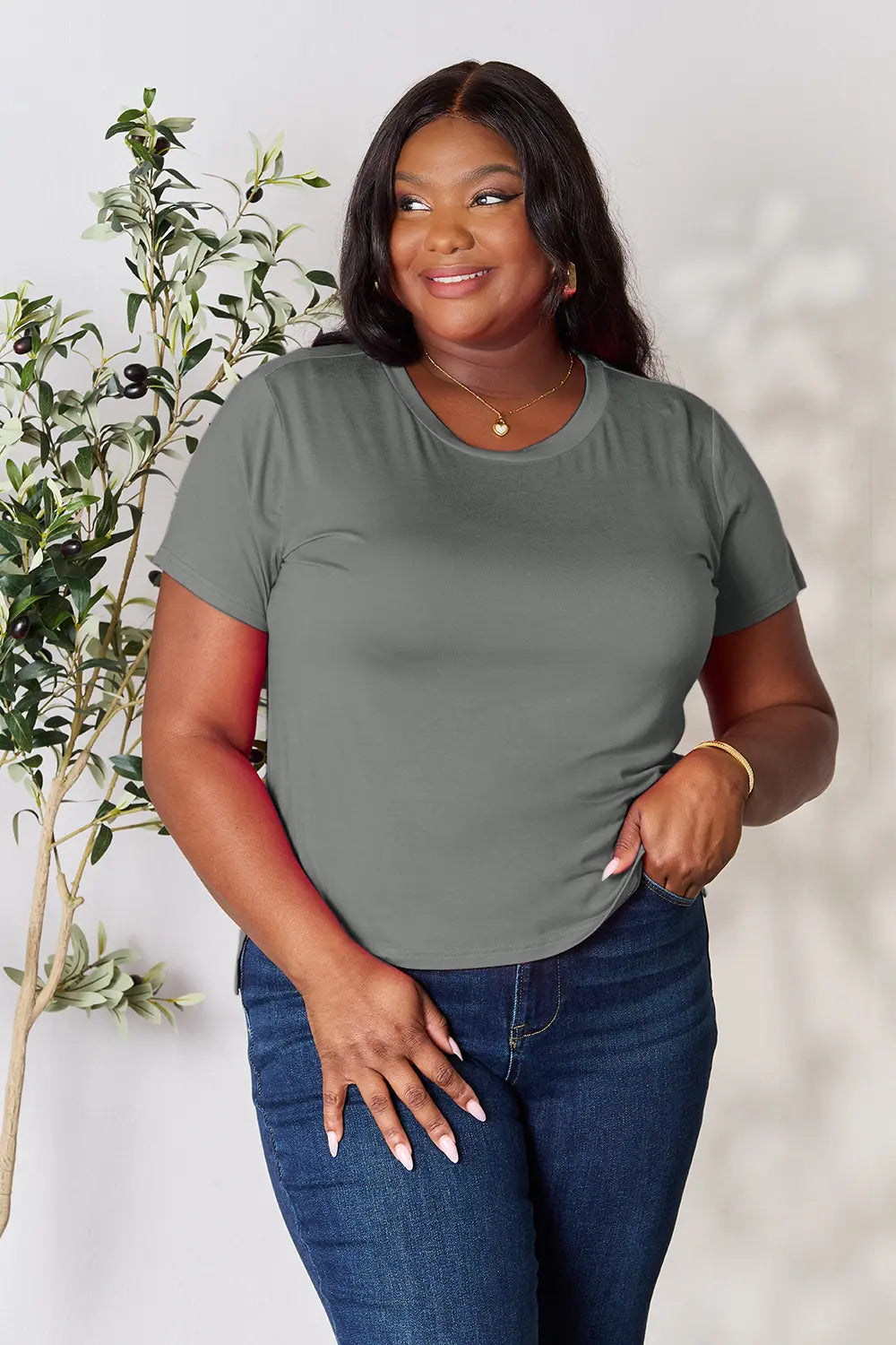 Basic Bae Full Size Round Neck Short Sleeve T-Shirt Gray / S 