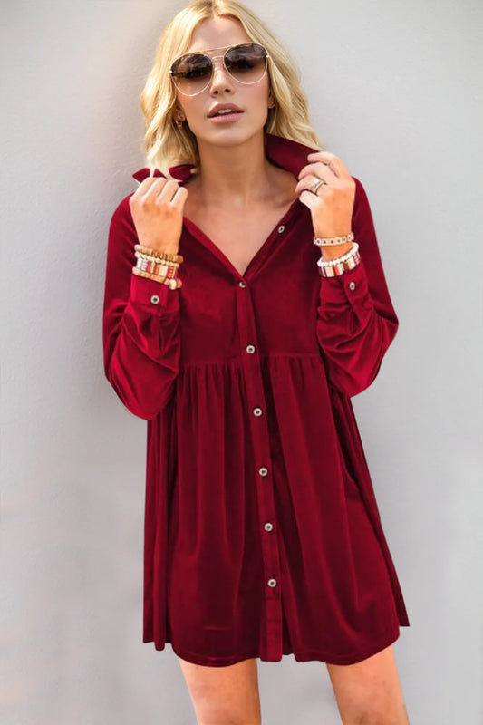 Oh Full Size Collared Neck Long Sleeve Mini Dress Deep Red / S 