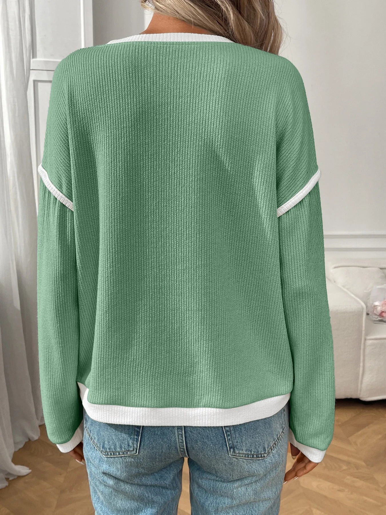 Ribbed Contrast Trim Long Sleeve Top Blush Pink / S 