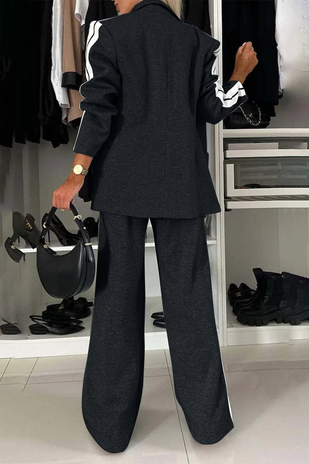 Full Size Contrast Lapel Collar Top and Pants Set Light Gray / S 