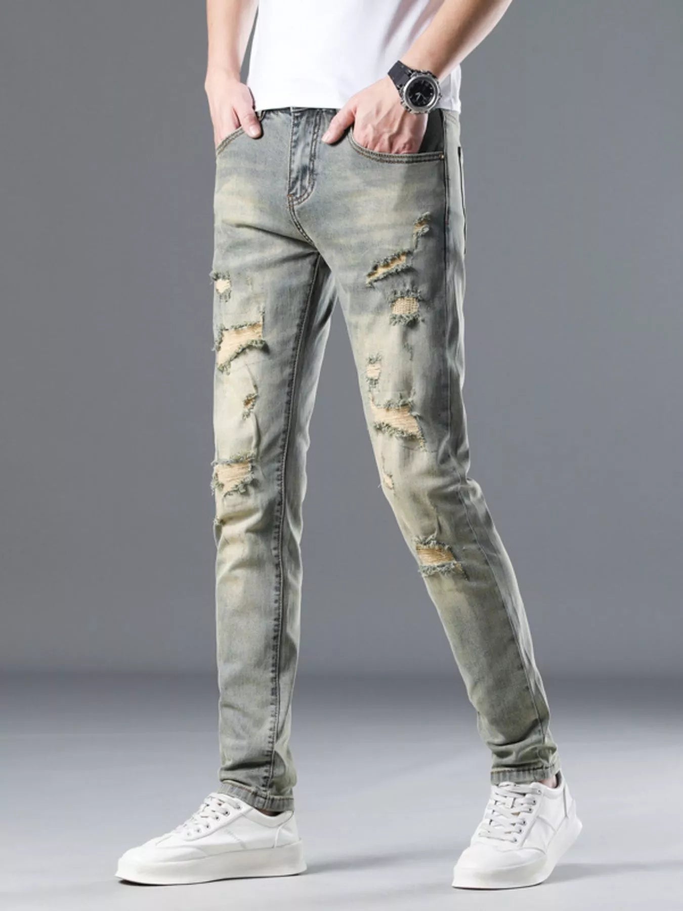 Men's Distressed Slim Fit Jeans Vintage Yellow / 28 