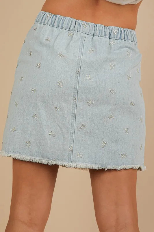 VERY J Bow Printed Casual Denim Mini Skirt Lt Indigo / S 