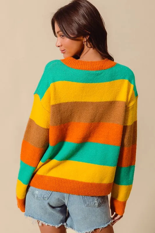 SO ME Multi Color Stripe Sweater with Ribbed Detail RUS/JAD/MUST/COFF / S 